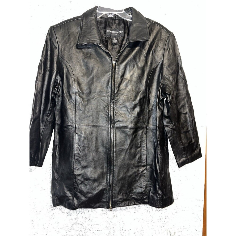 Centigrade Black Leather Jacket Women's XL Mid-Length Lined Zipper Front